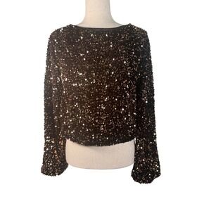 Charmed Hearts Sequin Top Womens Small Bronze Rayon‎ Glam Party Long Sleeve